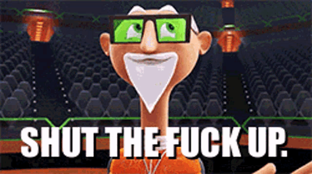 a cartoon character says shut the fuck up in front of a stadium