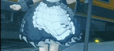 a cartoon girl in a maid dress is standing in front of a yellow bus .