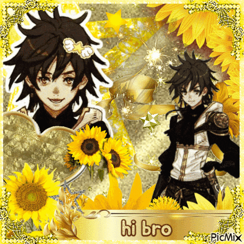 a picture of a boy with sunflowers and the words hi bro on it