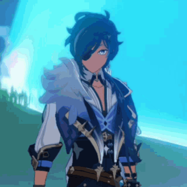 a cartoon character with blue hair and wings is standing on a beach