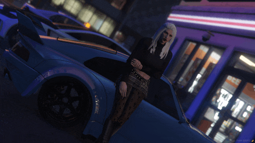 a woman is standing next to a blue sports car in front of a store