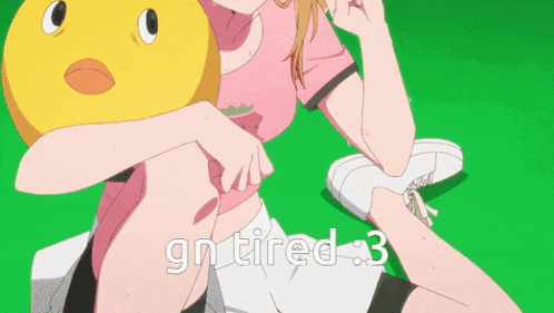 a girl with a duck head is sitting next to another girl with the words " gn tired " written on the bottom