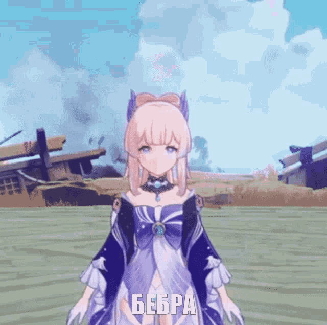 a girl in a purple dress is standing in a field with the word bebra on her chest
