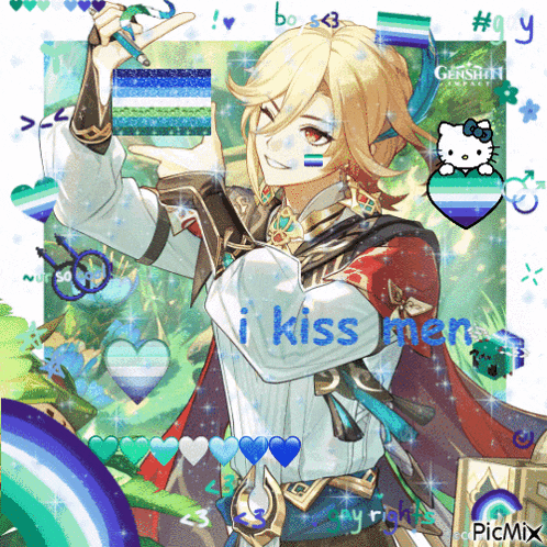 a picture of a man holding a flag that says ' i kiss men '