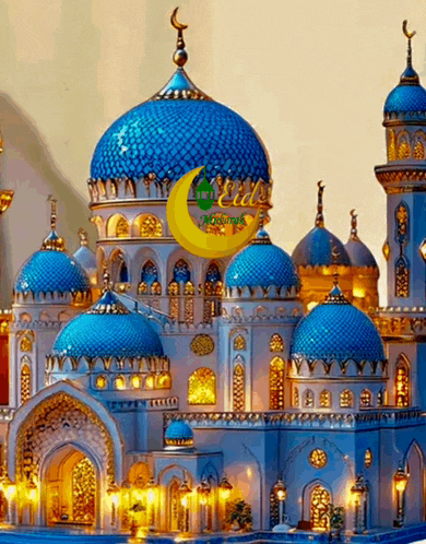 a model of a mosque with a crescent moon and the word eid on the bottom right