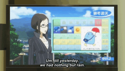 a tv screen shows a woman with glasses and the words " um till yesterday we had nothing but rain "