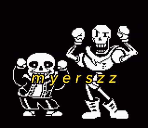 two skeletons are standing next to each other with the words " myerszz " on the bottom right