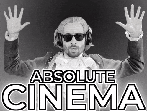 a man in a wig and sunglasses is standing in front of a sign that says absolute cinema