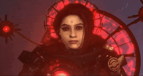 a woman with a cross on her forehead is standing in front of a red circle