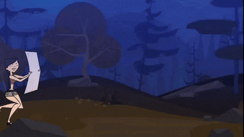 a cartoon of a girl holding a piece of paper in a forest