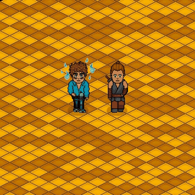a pixel art drawing of a man and a woman standing on a checkered floor