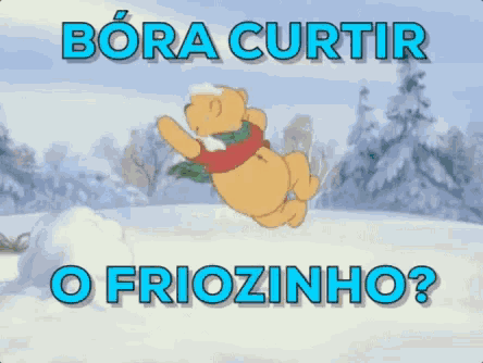 winnie the pooh is dancing in the snow with the words bora curtir o friozinho