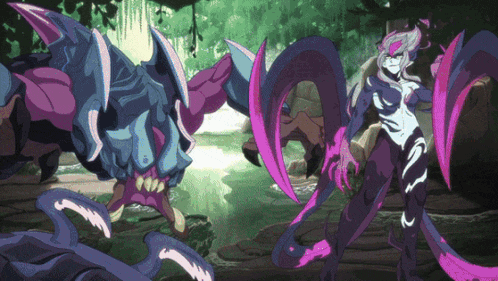 a cartoon drawing of a monster and a woman with purple wings