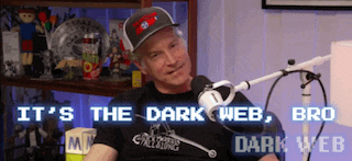 a man sitting in front of a microphone with the words " it 's the dark web bro dark web " on the bottom