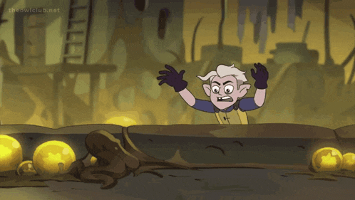 a cartoon character is laying on the ground in a cave surrounded by pumpkins