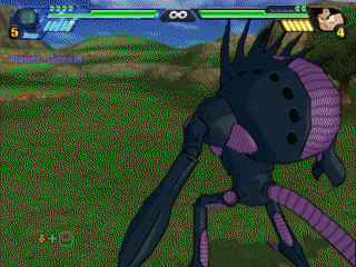 a video game is being played with a purple robot and a cartoon character