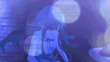 a pixel art of a girl with blue hair and a blue background