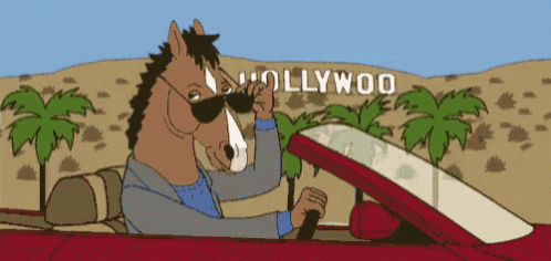 a cartoon horse is driving a red car in front of a hollywood sign