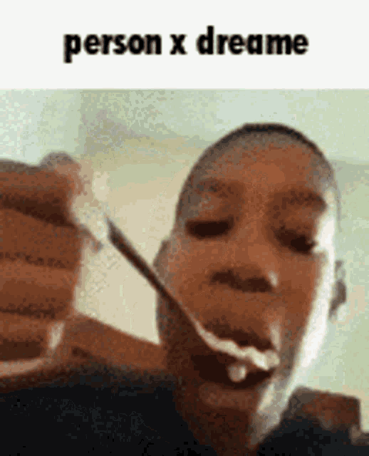 a man is eating food with a spoon and the words person x dreame are above him .