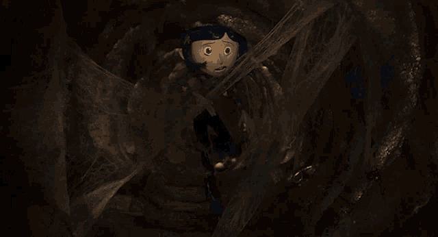 a cartoon character with blue hair and a surprised look on her face is looking at something .