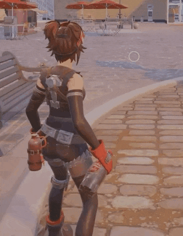 a woman is standing on a brick sidewalk in a video game holding a sword .