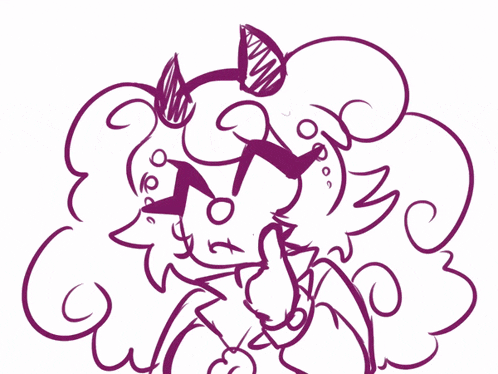a black and white drawing of a person with a purple hair