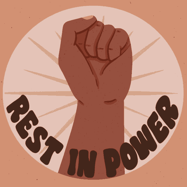 a fist with rest in power written on it
