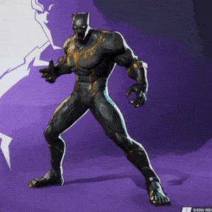 a black panther standing on a purple background with a show menu button below him