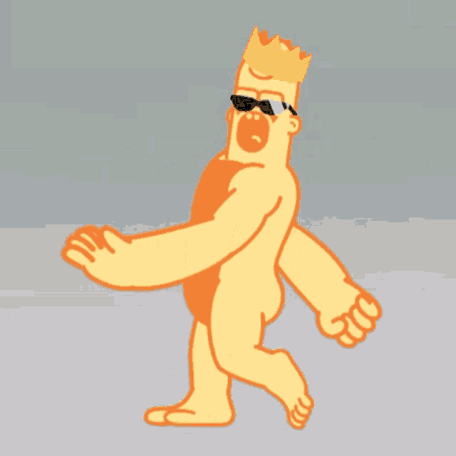 a cartoon character wearing sunglasses and a crown is walking