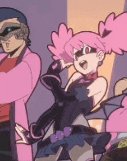 a group of cartoon characters are standing next to each other and one of them has pink hair .