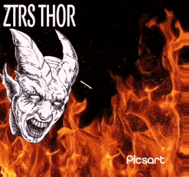 a black and white drawing of a demon with the words ztrs thor written above it