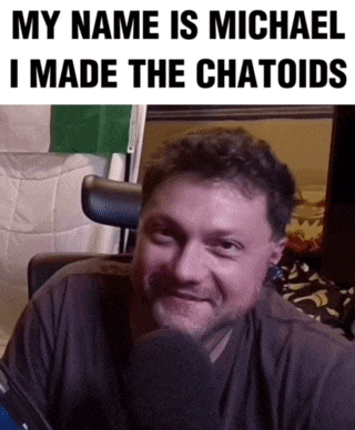 a man is sitting in front of a microphone with the words `` my name is michael i made the chatoids '' .