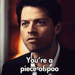 a man in a suit and white shirt says " you 're a piece of poo "