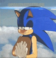 sonic the hedgehog is standing in the clouds with his hands folded in front of him .