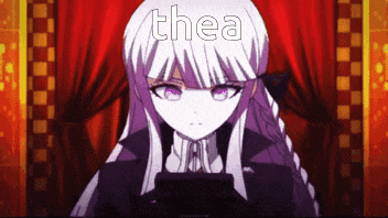 a purple haired anime girl is sitting in front of a red curtain with the word thea written on her face .