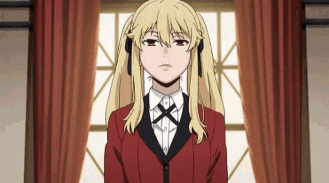 a blonde anime girl is standing in front of a window .