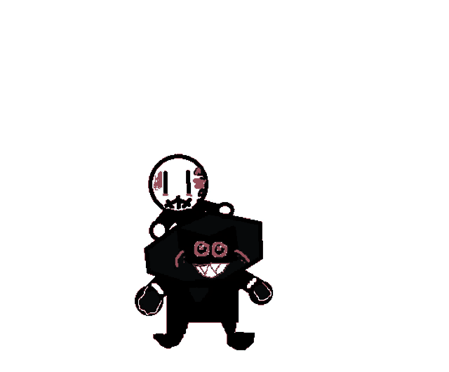 a cartoon character with a skull on his head is standing next to a black cube .