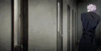 a man in a black coat is standing in a hallway with a broken door .
