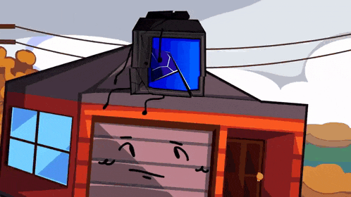 a cartoon drawing of a house with a broken tv on top of it