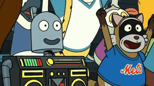 a cartoon cat wearing a mets shirt is standing next to a robot