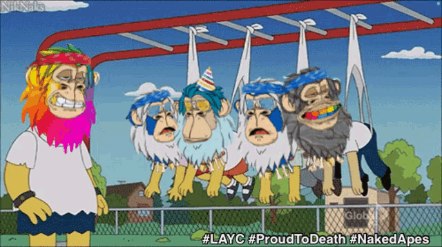 a cartoon of monkeys hanging from a rope with a caption that says #layc #proudtodeath #nakedapes