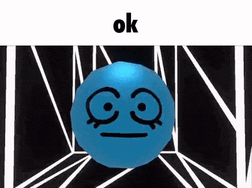 a blue ball with a face drawn on it is sitting on a black and white striped surface .