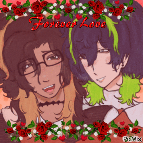 a picture of two anime characters with the words forever love in red letters
