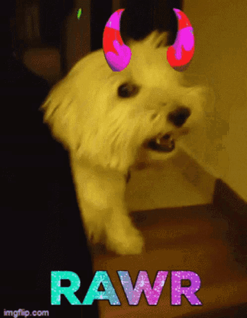 a small white dog with horns and the word rawr