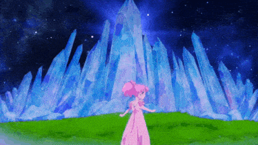 a girl in a pink dress is standing in front of a castle of crystals