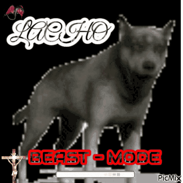 a picture of a wolf with the words beast mode in red