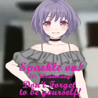 a girl with purple hair is standing in front of a sign that says sparkle on wednesday !