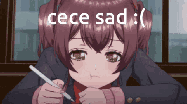 a picture of a girl with a pen and the words cece sad
