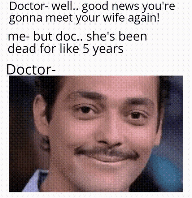 a man with a mustache is making a funny face while talking to a doctor