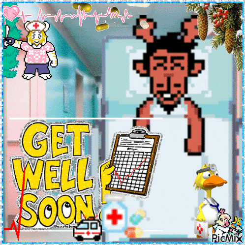a get well soon greeting card with a cartoon character
